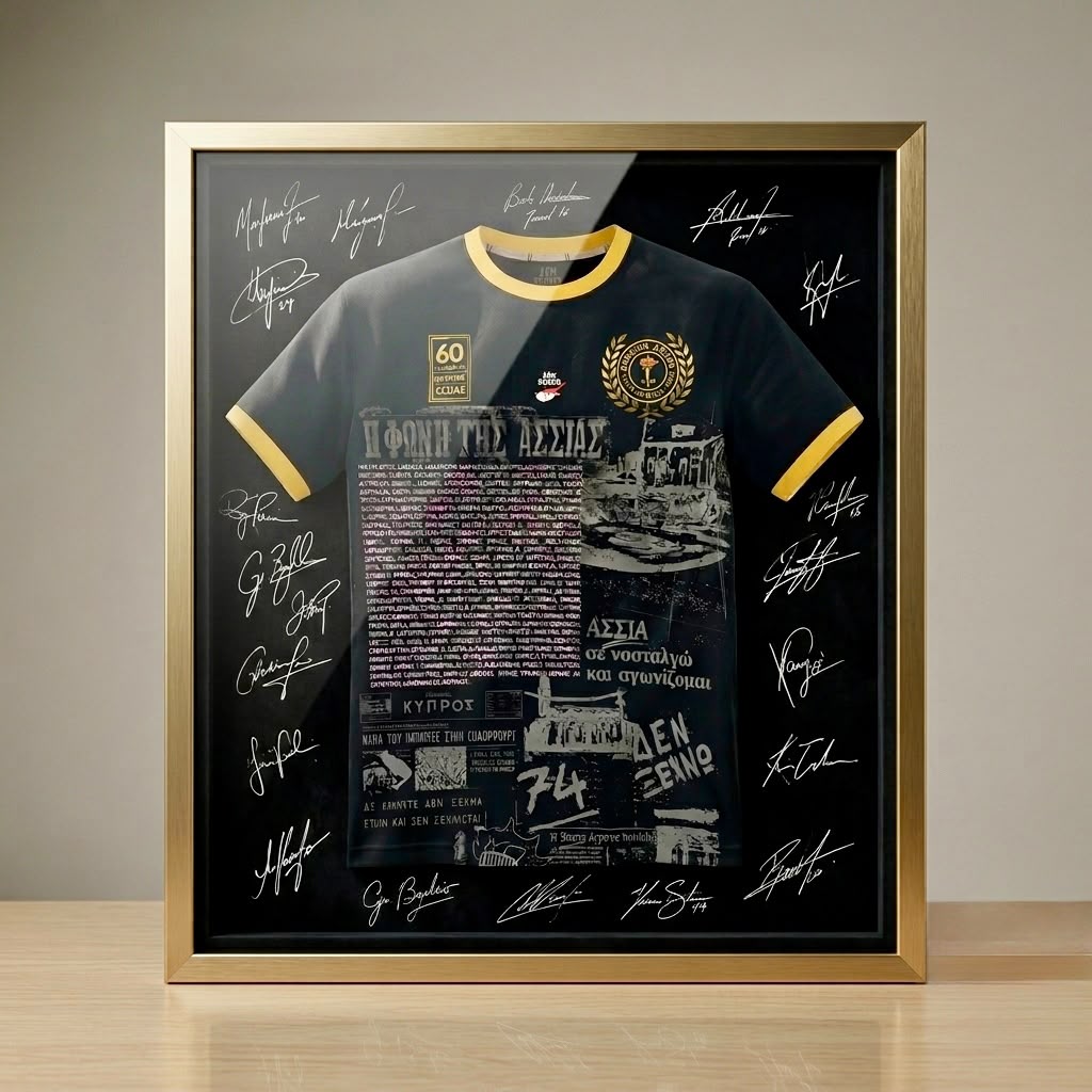 Framed Ethnikos Assias FC 60th anniversary jersey signed by the squad